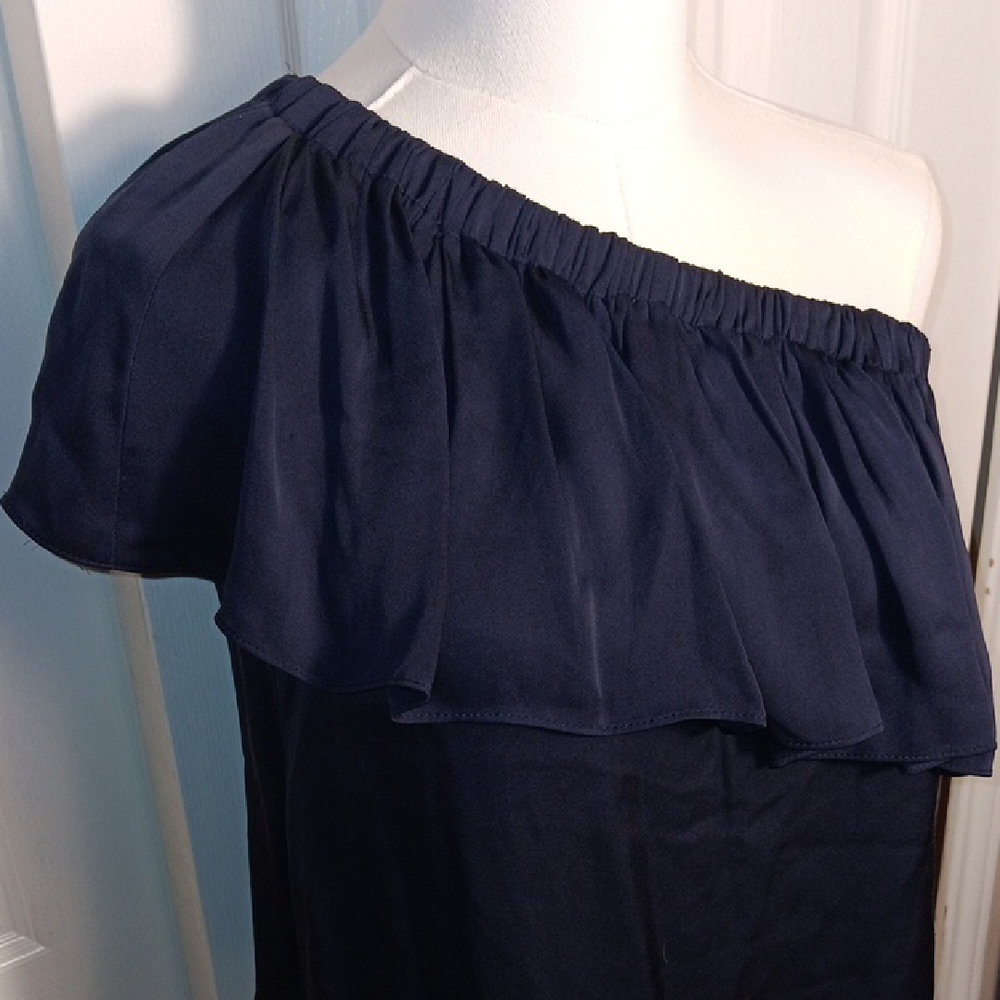 Milly One-Shoulder Ruffle Top In Navy Blue - Picture 5 of 11